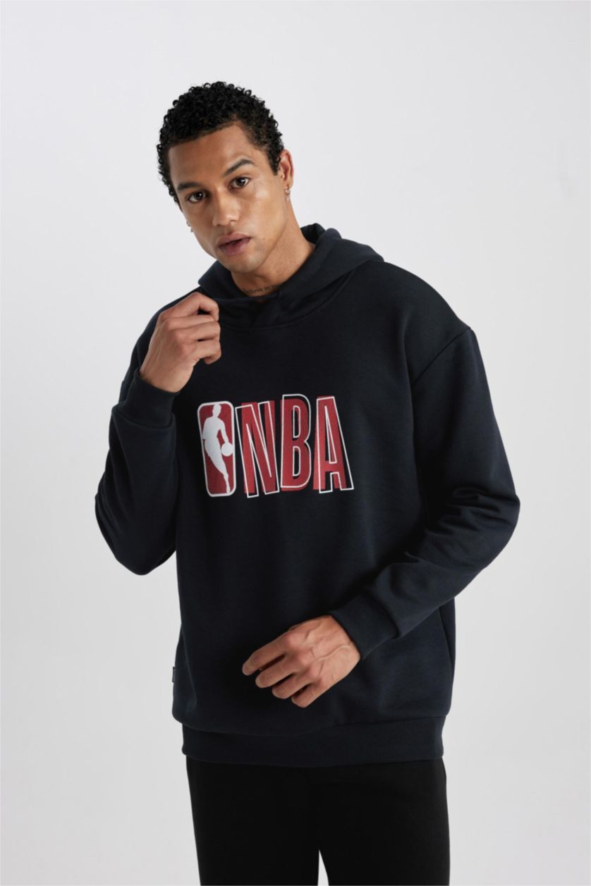 MAN Black DeFactoFit NBA Wordmark Boxy Fit Thick Sweatshirt