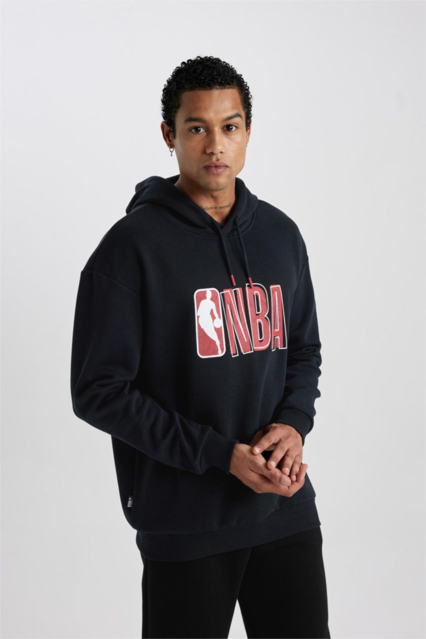 MAN Black DeFactoFit NBA Wordmark Boxy Fit Thick Sweatshirt