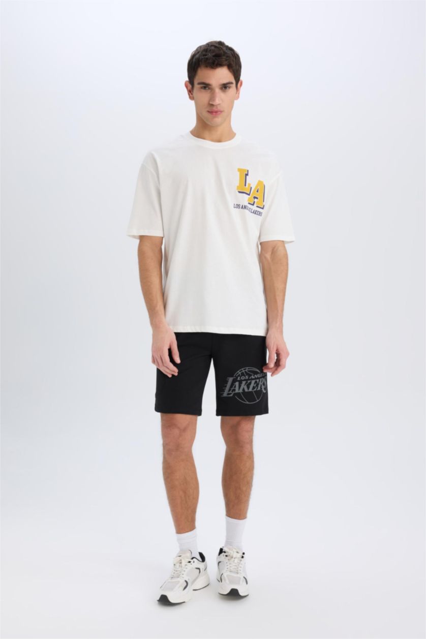 Erkek Ekru NBA Los Angeles Lakers Oversize Geniş Kalıp Bisiklet Yaka Sırt Baskılı Kısa Kollu Tişört