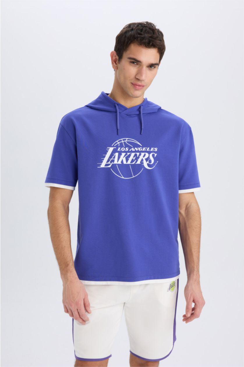 Мужчины Фиолетовый Футболка оверсайз с лицензией NBA Los Angeles Lakers, капюшоном и коротким рукавом, Коллекция DeFactoFit