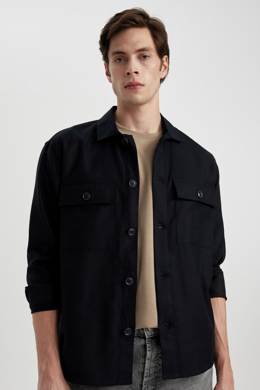 Erkek Siyah Relax Fit Polo Yaka Cep Detaylı Gömlek Ceket
