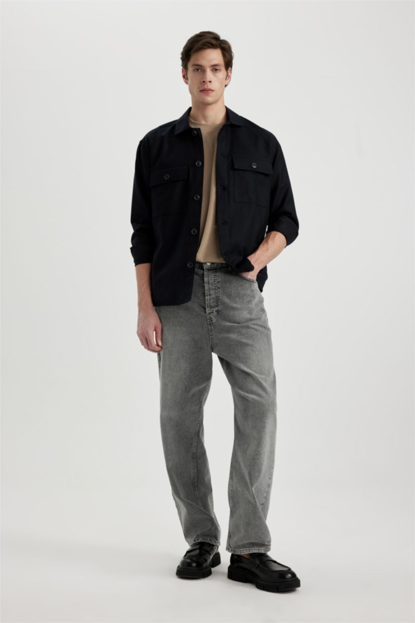 Erkek Siyah Relax Fit Polo Yaka Cep Detaylı Gömlek Ceket