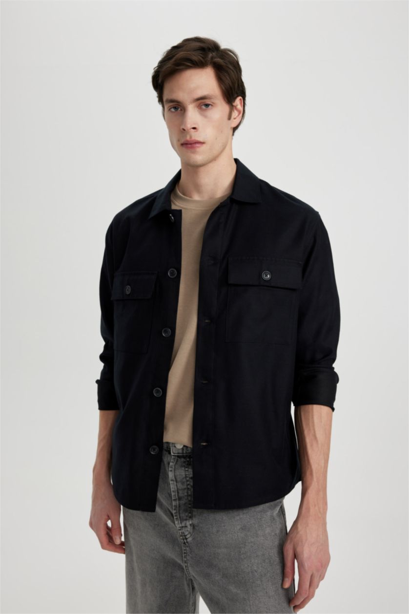Erkek Siyah Relax Fit Polo Yaka Cep Detaylı Gömlek Ceket