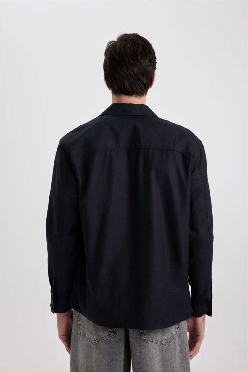Erkek Siyah Relax Fit Polo Yaka Cep Detaylı Gömlek Ceket