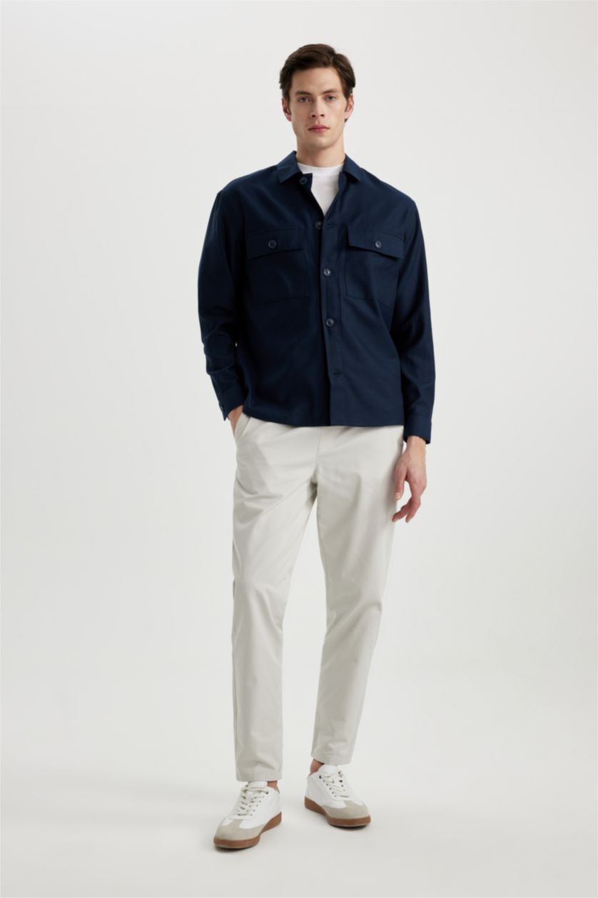 Erkek Lacivert Relax Fit Polo Yaka Cep Detaylı Gömlek Ceket