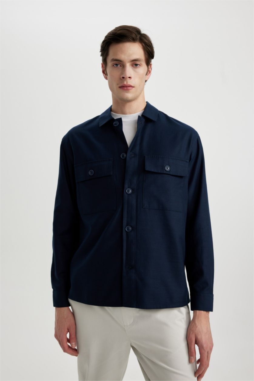 Erkek Lacivert Relax Fit Polo Yaka Cep Detaylı Gömlek Ceket