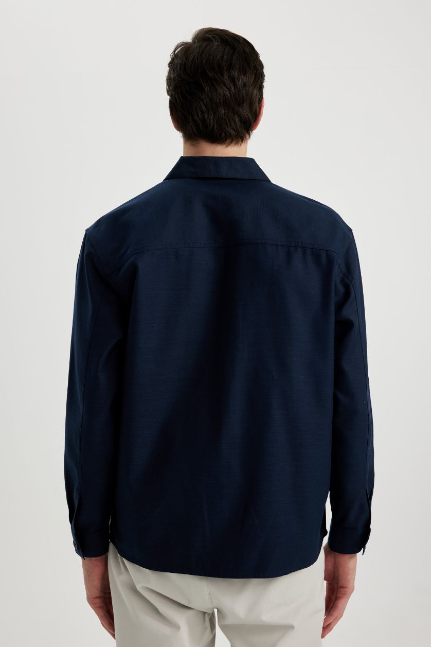Erkek Lacivert Relax Fit Polo Yaka Cep Detaylı Gömlek Ceket