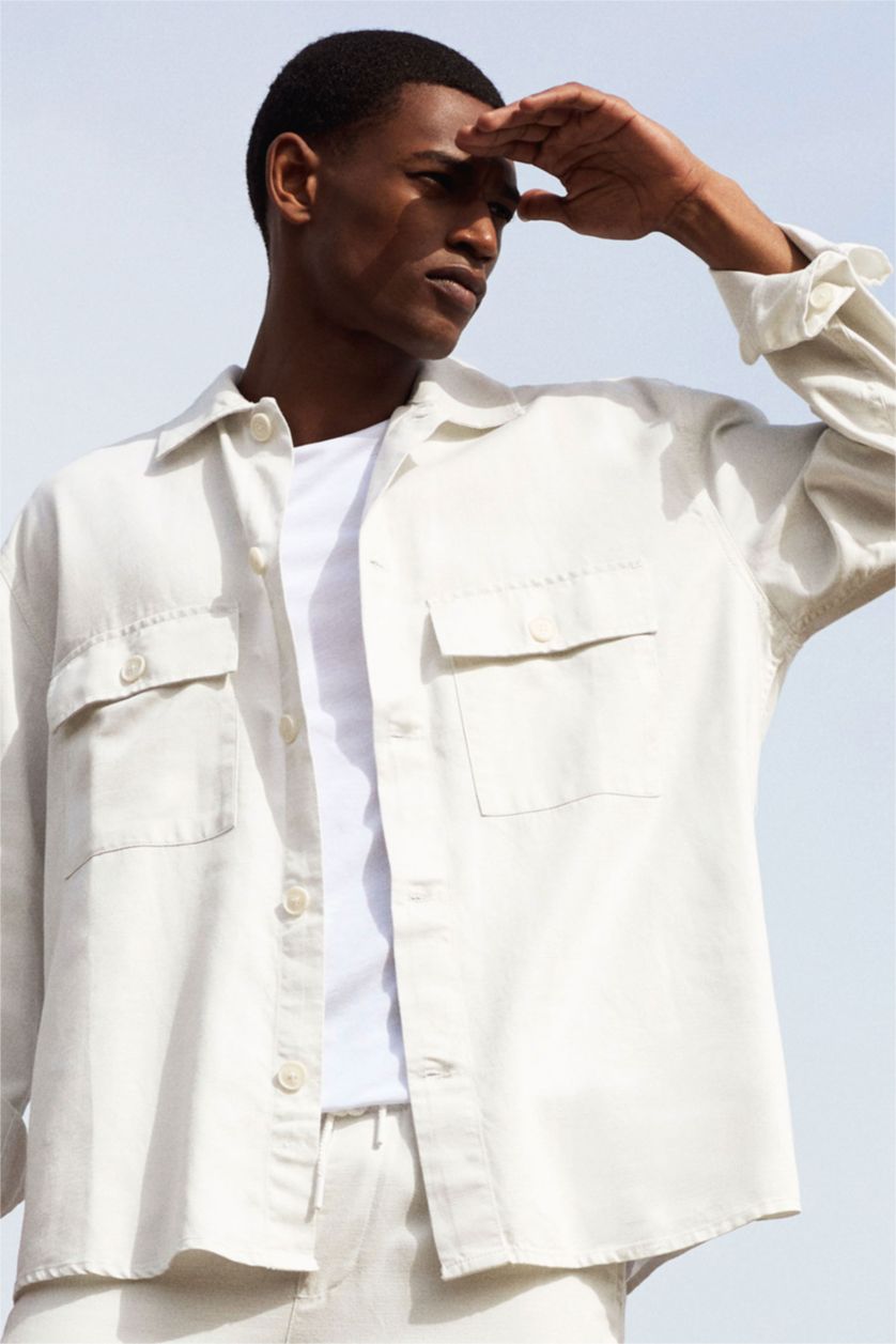 Мужчины Кремовый Рубашка свободного кроя