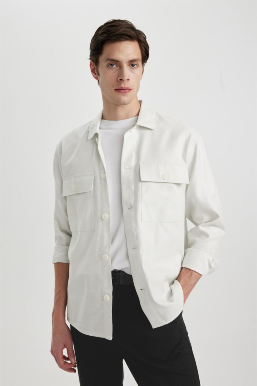 Мужчины Кремовый Рубашка свободного кроя