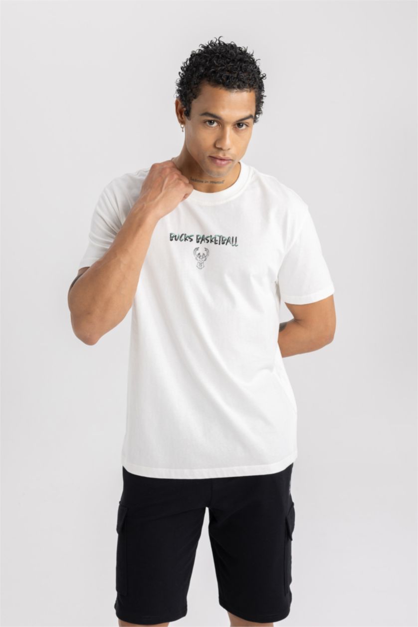 رجالي بيج فاتح تيشيرت نص كم قصة عادية برقبة مستديرة من ميلووكي باكس DeFactoFit