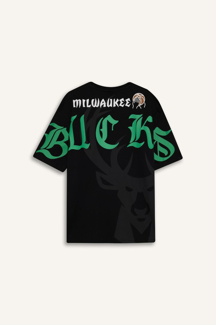 Erkek Siyah NBA Milwaukee Bucks Oversize Geniş Kalıp Bisiklet Yaka Kısa Kollu Tişört