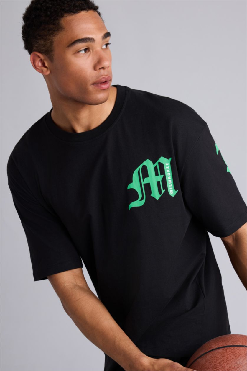 HOMME Noir T-shirt NBA Milwaukee Bucks oversize à col rond et manches courtes