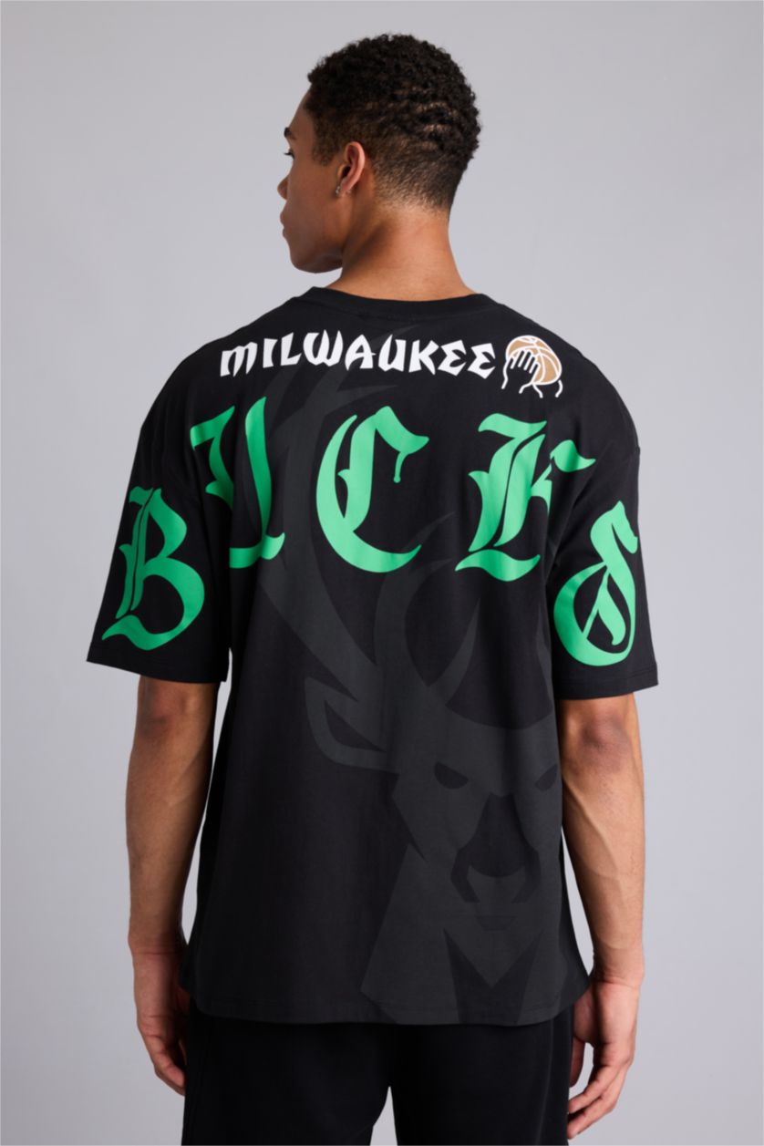 HOMME Noir T-shirt NBA Milwaukee Bucks oversize à col rond et manches courtes