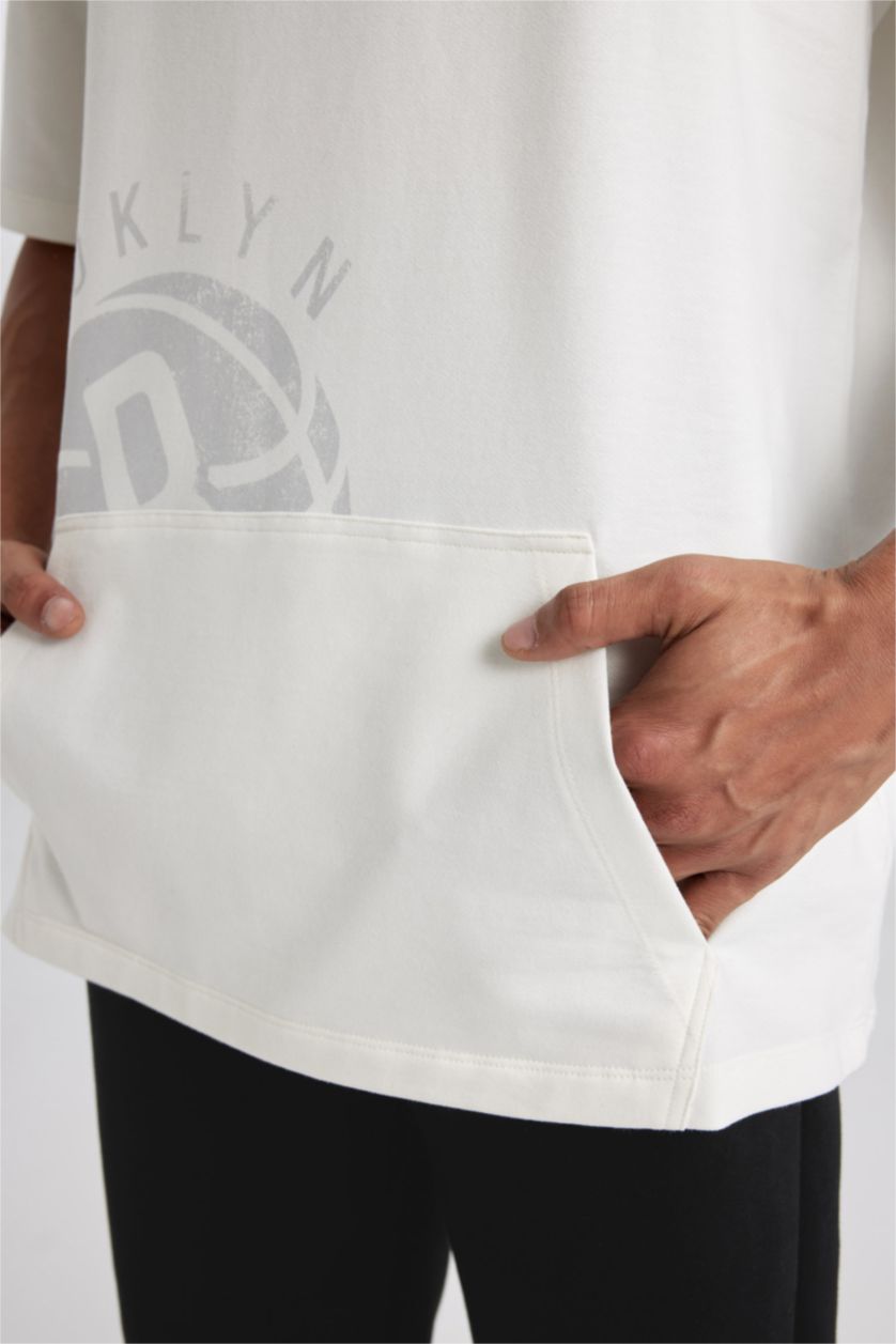 HOMME Écru T-Shirt Oversize à Manches Courtes à Capuche Defactofit NBA Brooklyn Nets