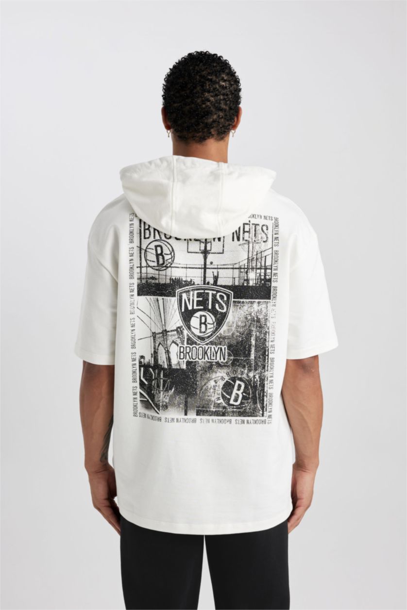 HOMME Écru T-Shirt Oversize à Manches Courtes à Capuche Defactofit NBA Brooklyn Nets