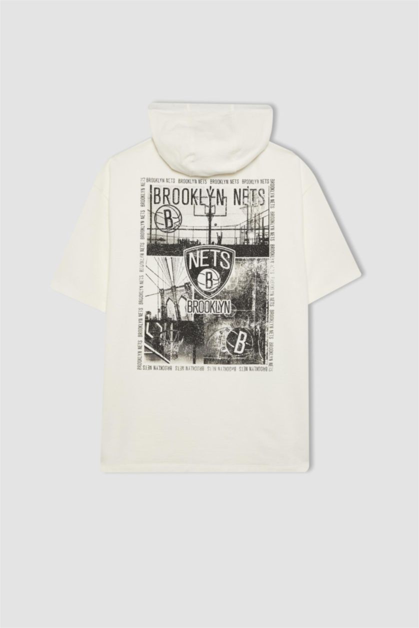 HOMME Écru T-Shirt Oversize à Manches Courtes à Capuche Defactofit NBA Brooklyn Nets