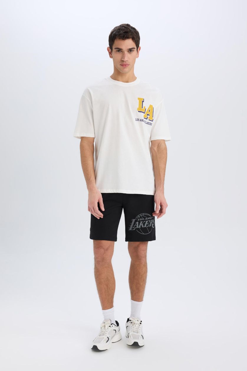 Erkek Siyah NBA Los Angeles Lakers Standart Fit Kargo Cepli Kısa Paça Şort