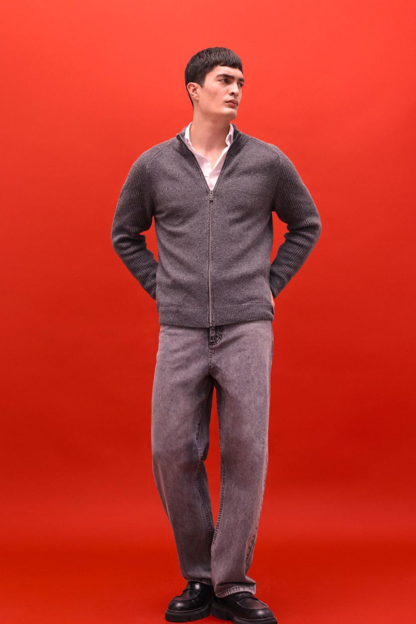 Erkek Gri Baggy Fıt Jean Yıkamalı Pantolon