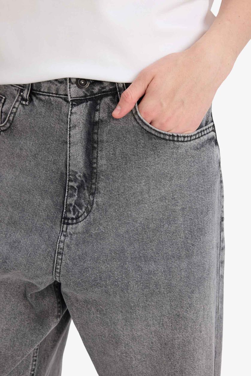 Erkek Gri Baggy Fıt Jean Yıkamalı Pantolon