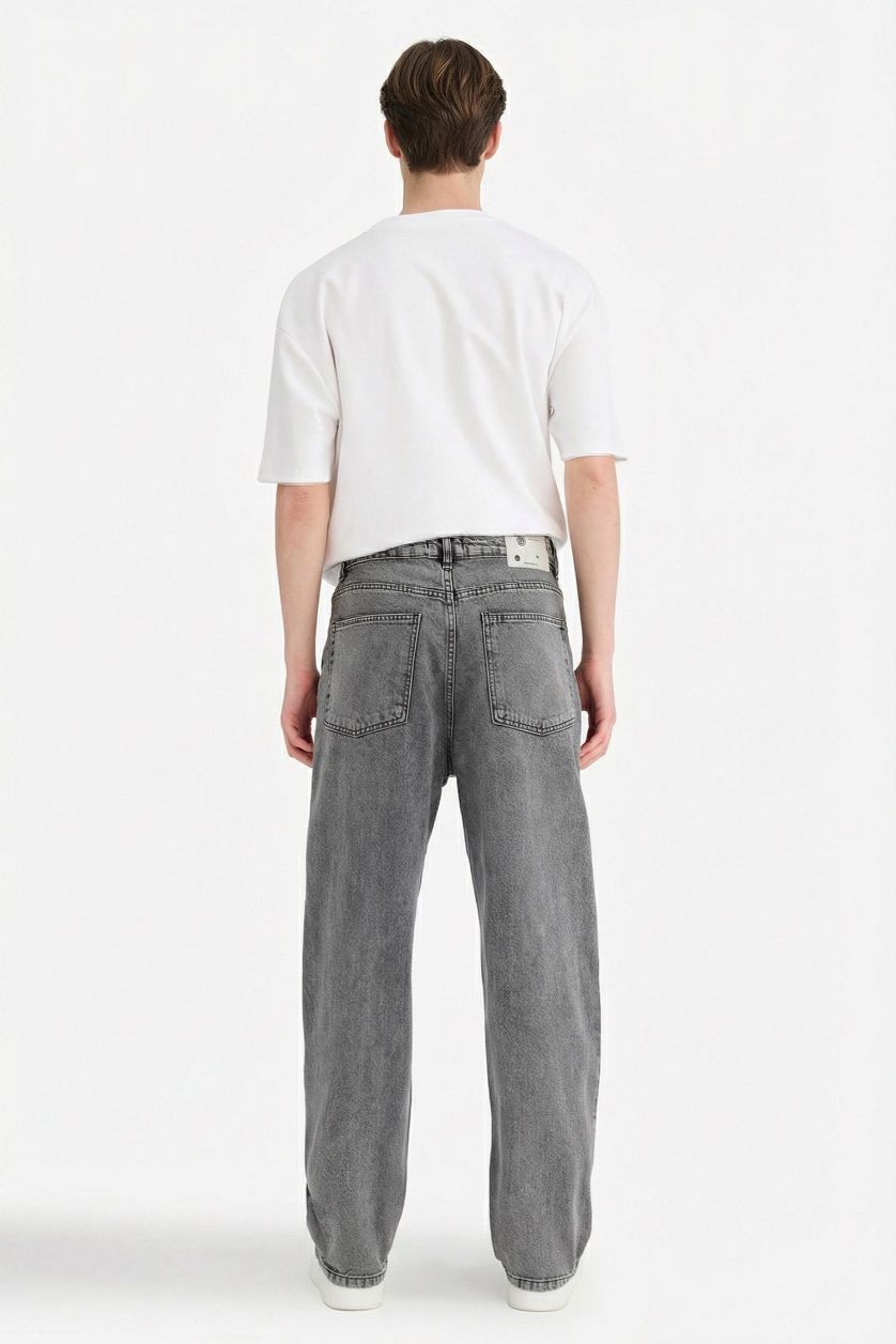 Erkek Gri Baggy Fıt Jean Yıkamalı Pantolon