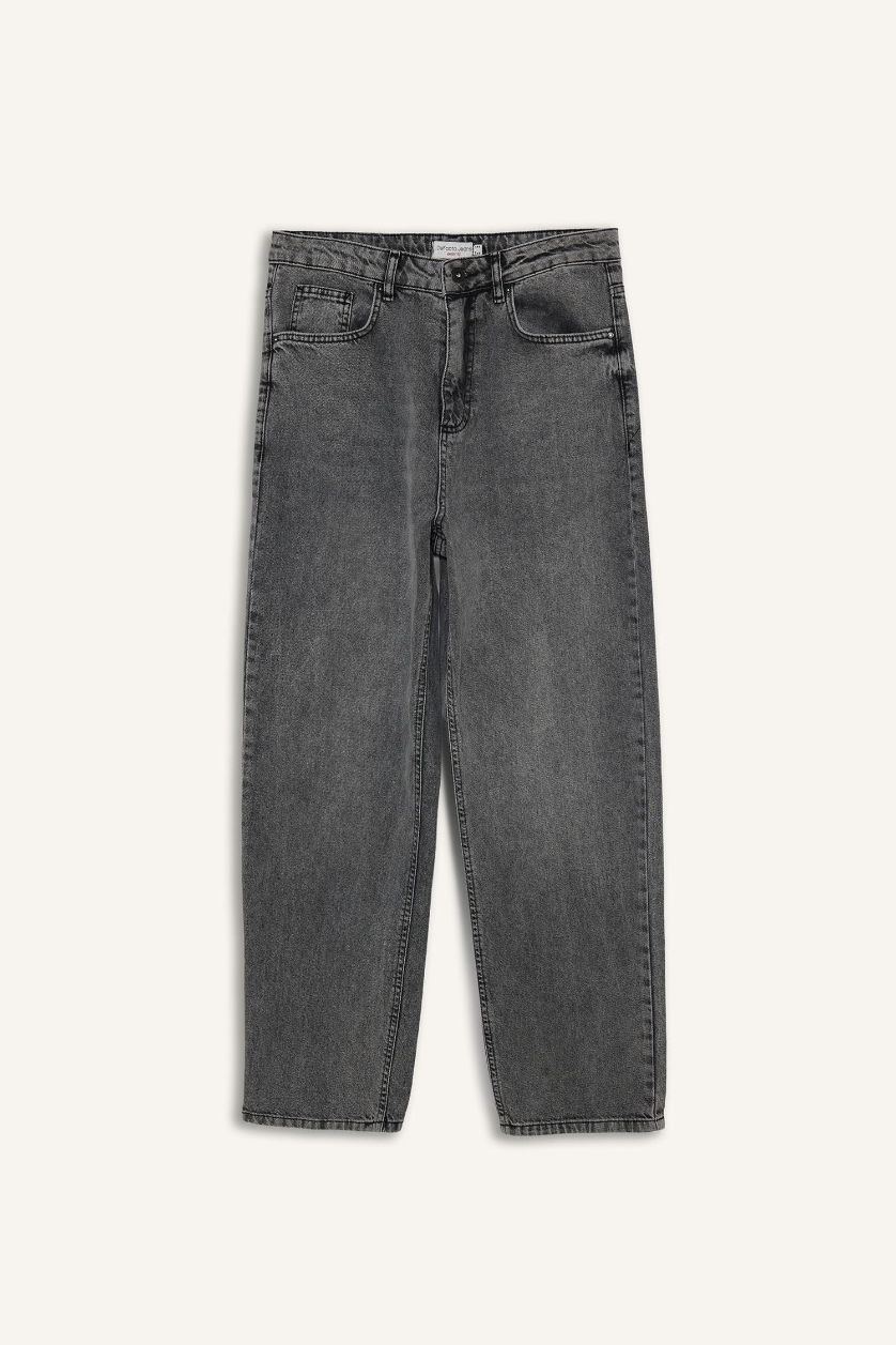 Erkek Gri Baggy Fıt Jean Yıkamalı Pantolon