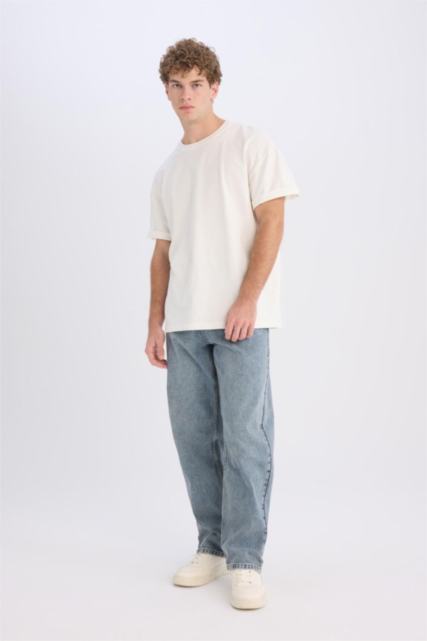 Man Light Blue Baggy Fit Wide Leg Washed Jeans