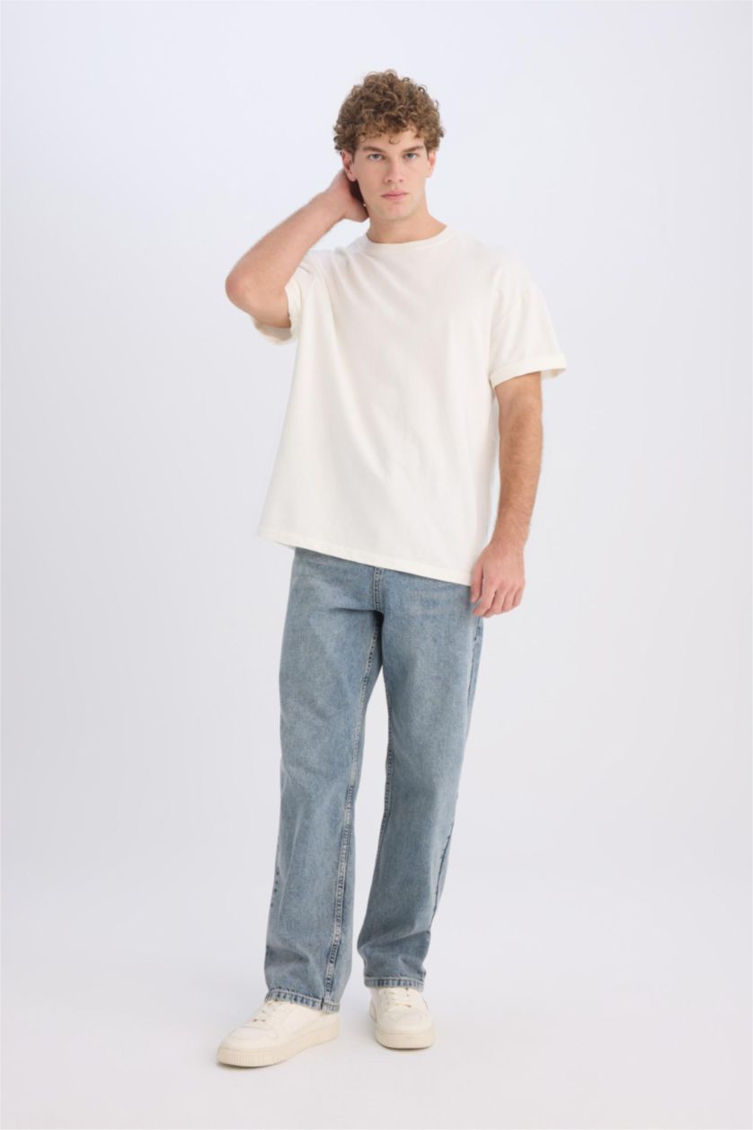 Man Light Blue Baggy Fit Wide Leg Washed Jeans