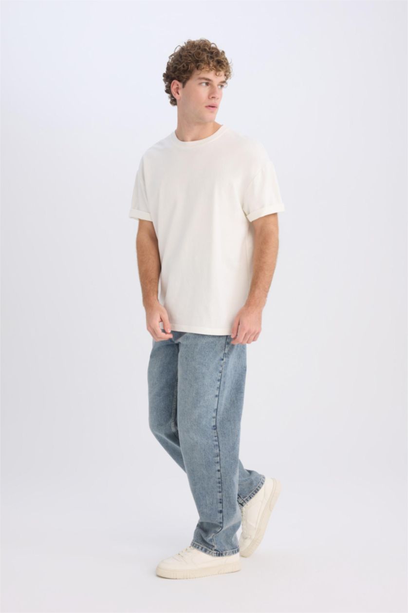 Man Light Blue Baggy Fit Wide Leg Washed Jeans