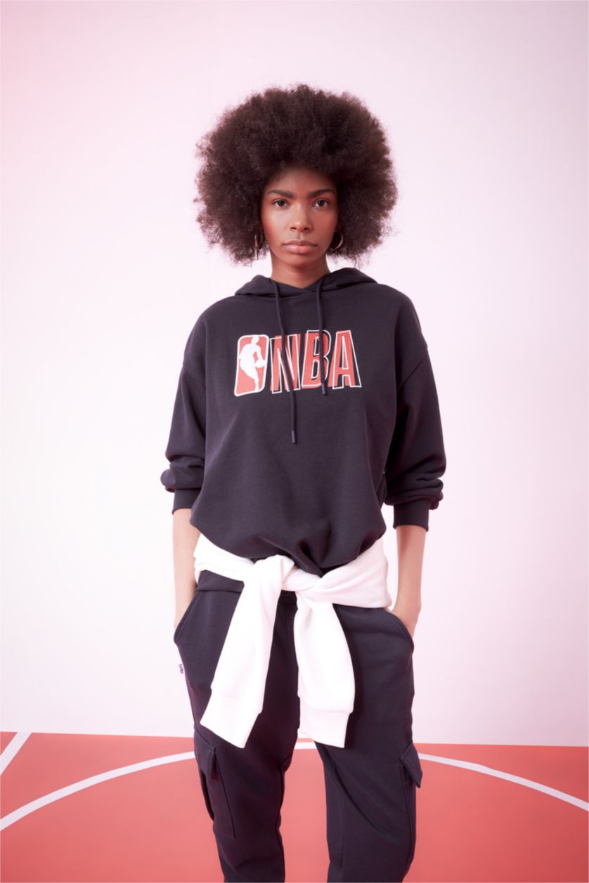 FEMME Noir Sweatshirt Oversize Épais à Capuche Imprimé Logo NBA Wordmark De Defactofit
