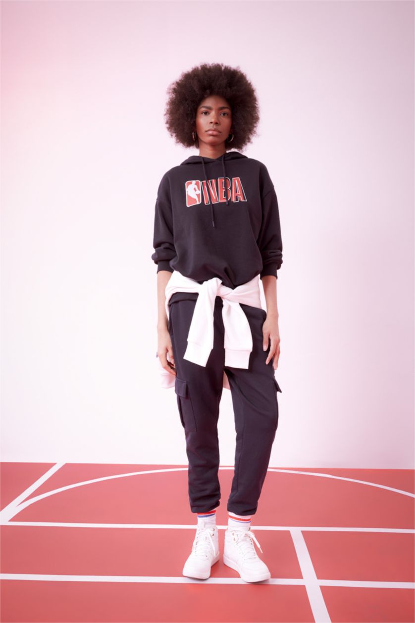 FEMME Noir Sweatshirt Oversize Épais à Capuche Imprimé Logo NBA Wordmark De Defactofit