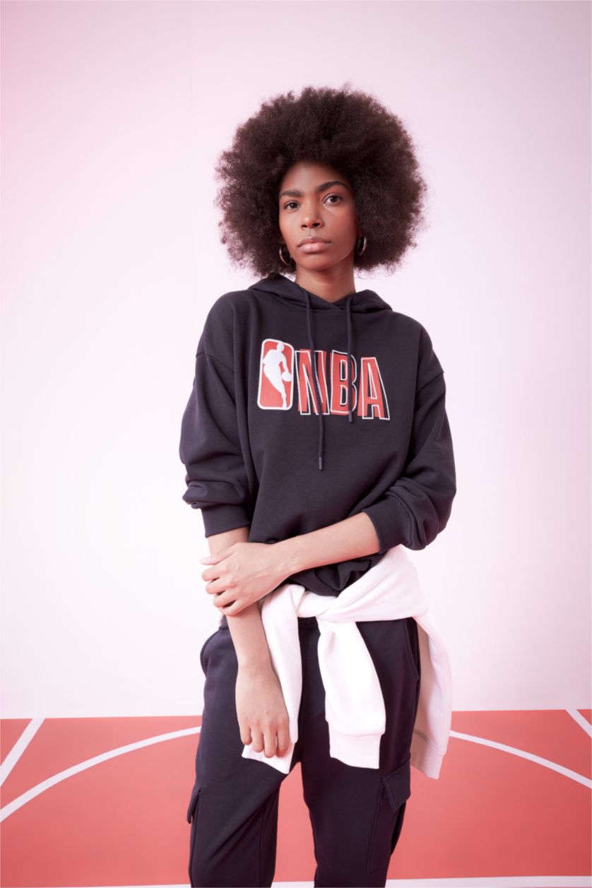 FEMME Noir Sweatshirt Oversize Épais à Capuche Imprimé Logo NBA Wordmark De Defactofit