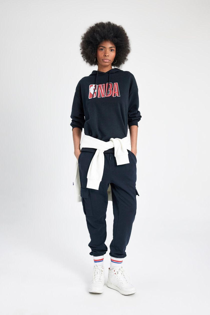 FEMME Noir Sweatshirt Oversize Épais à Capuche Imprimé Logo NBA Wordmark De Defactofit