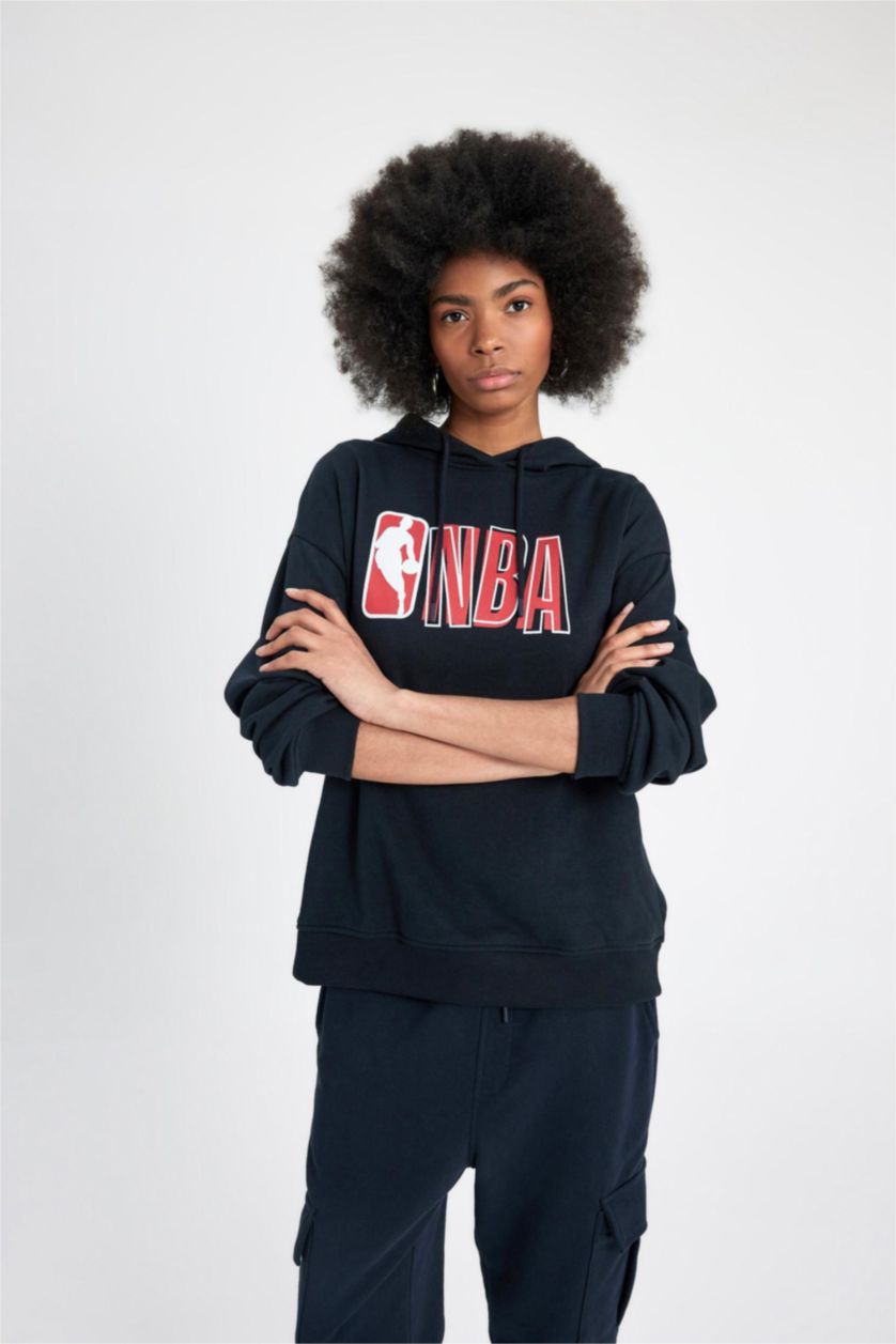 FEMME Noir Sweatshirt Oversize Épais à Capuche Imprimé Logo NBA Wordmark De Defactofit
