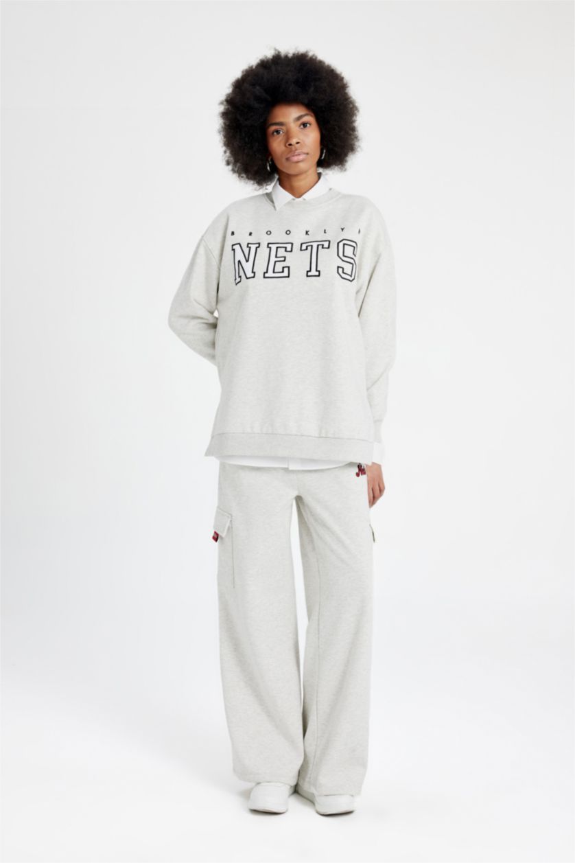 FEMME Gris Pantalon Large à Poches Nba Brooklyn Nets Et Taille Haute De Defactofit