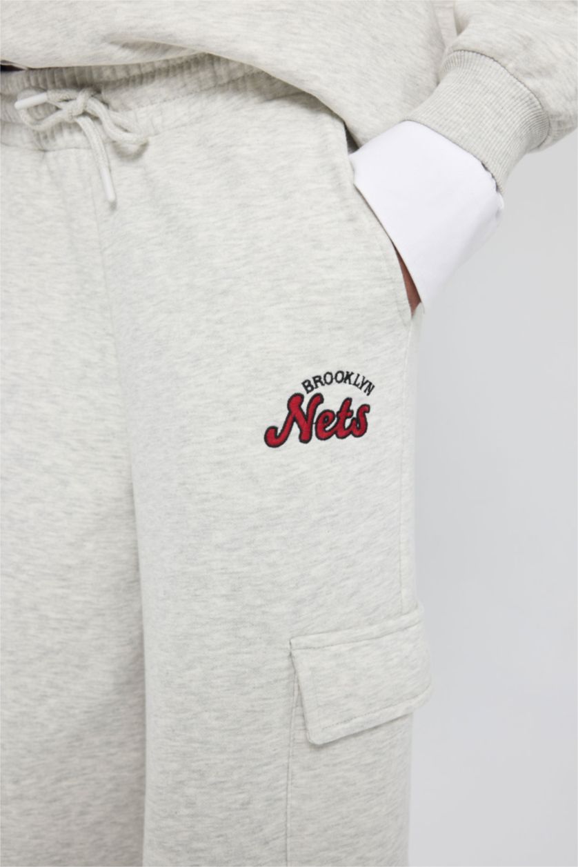 FEMME Gris Pantalon Large à Poches Nba Brooklyn Nets Et Taille Haute De Defactofit