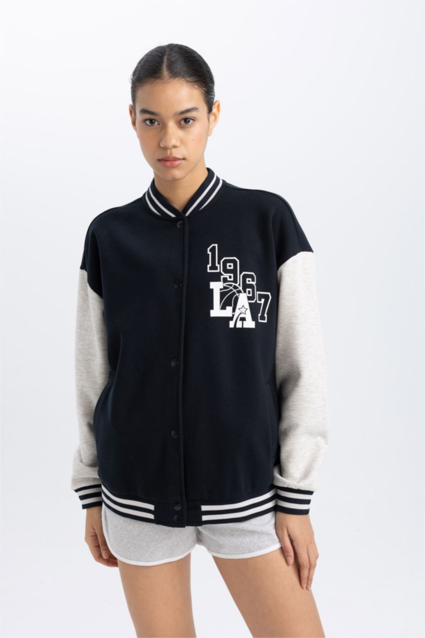 WOMAN Black DeFactoFit Oversize Fit College Collar Pocketed Thick Bomber Jacket