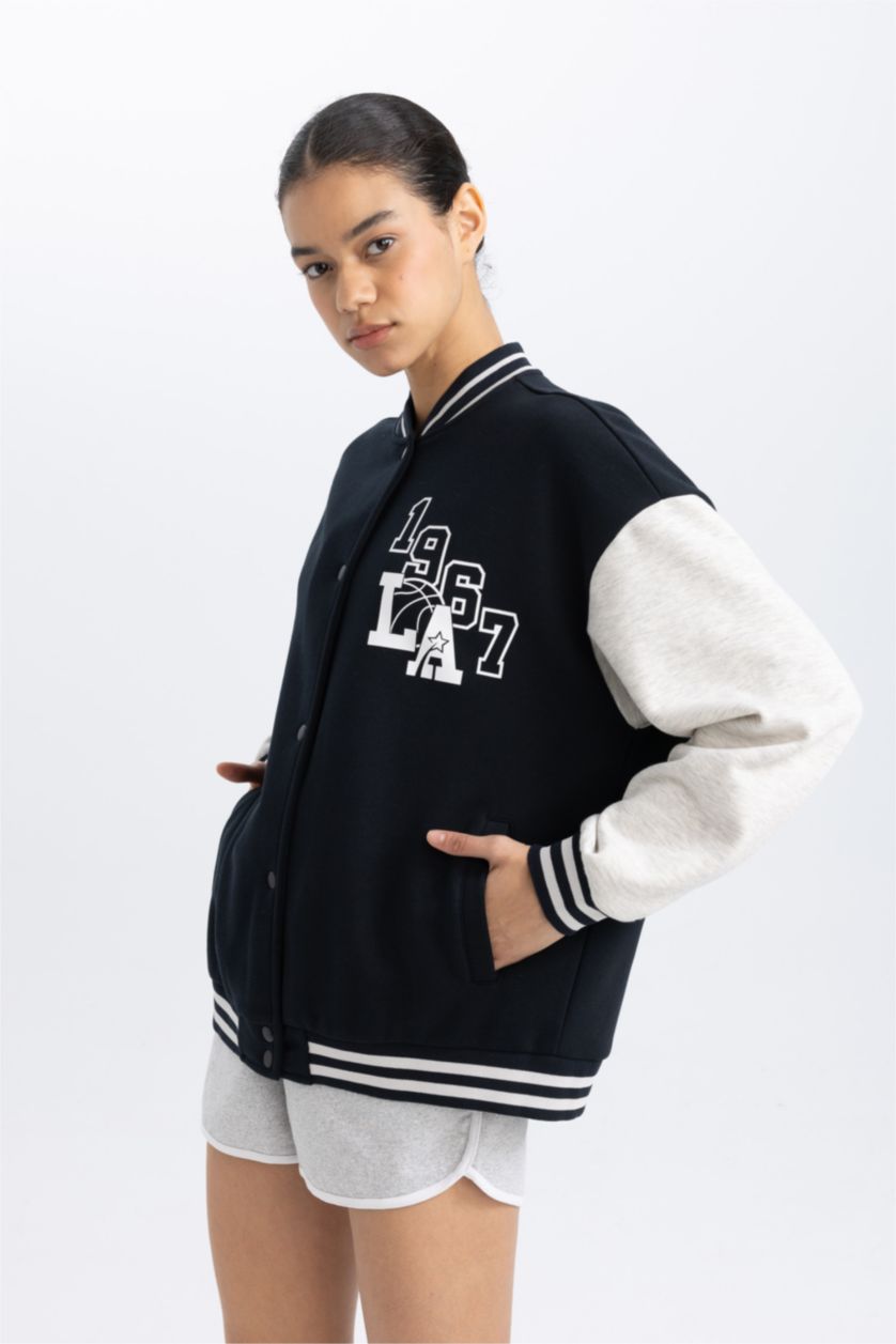 WOMAN Black DeFactoFit Oversize Fit College Collar Pocketed Thick Bomber Jacket