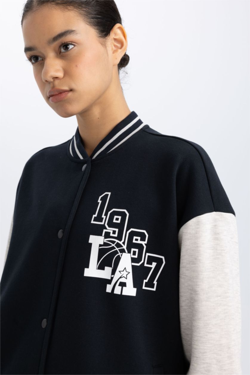 WOMAN Black DeFactoFit Oversize Fit College Collar Pocketed Thick Bomber Jacket