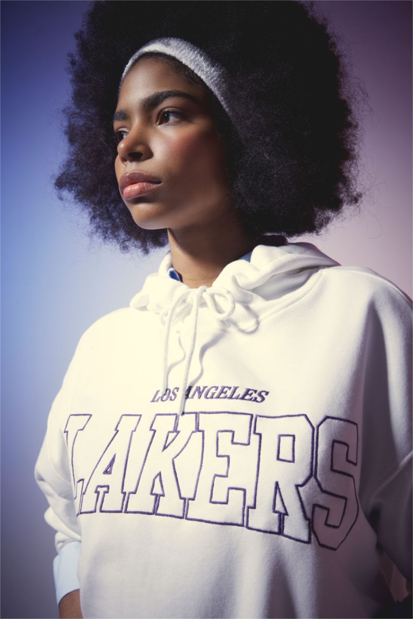 Kadın Ekru NBA Los Angeles Lakers Oversize Geniş Kalıp Kapüşonlu Sweatshirt
