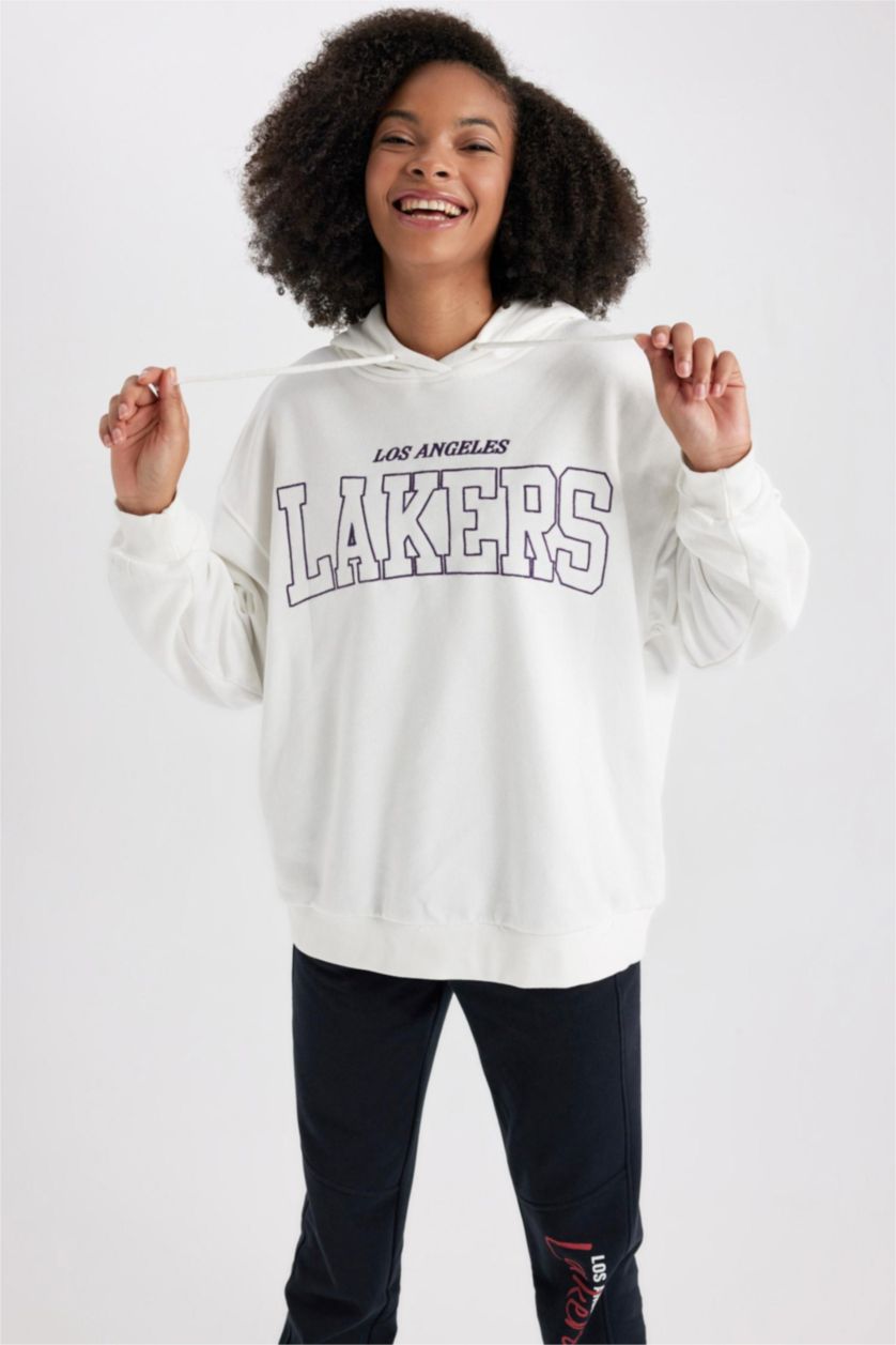 Kadın Ekru NBA Los Angeles Lakers Oversize Geniş Kalıp Kapüşonlu Sweatshirt
