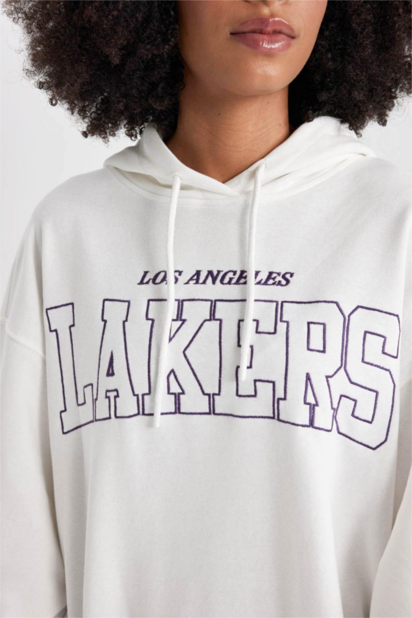 Kadın Ekru NBA Los Angeles Lakers Oversize Geniş Kalıp Kapüşonlu Sweatshirt