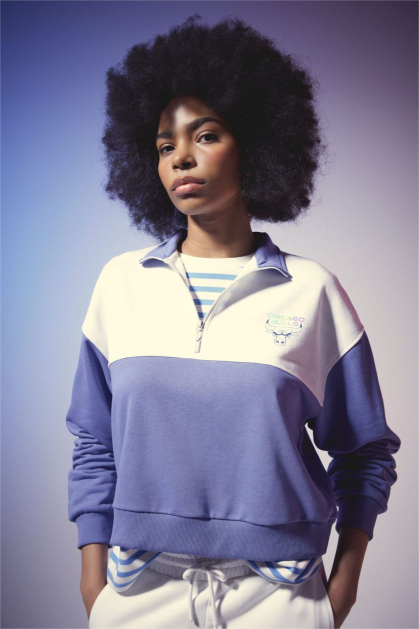 Kadın İndigo DeFactoFit NBA Chicago Bulls Yarım Fermuarlı Dik Yaka Sweatshirt