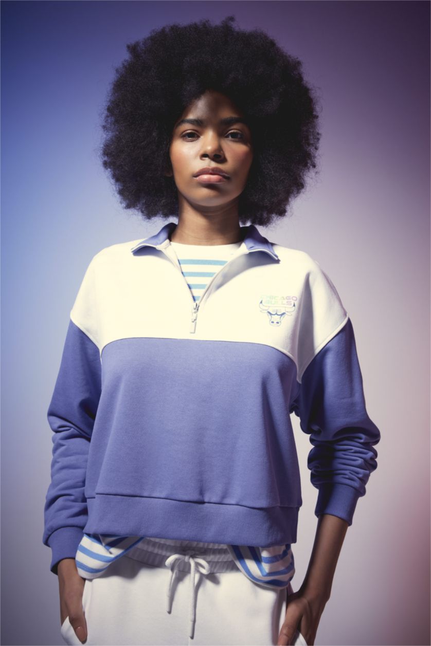 Kadın İndigo DeFactoFit NBA Chicago Bulls Yarım Fermuarlı Dik Yaka Sweatshirt