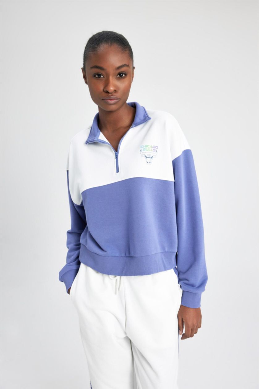 Kadın İndigo DeFactoFit NBA Chicago Bulls Yarım Fermuarlı Dik Yaka Sweatshirt