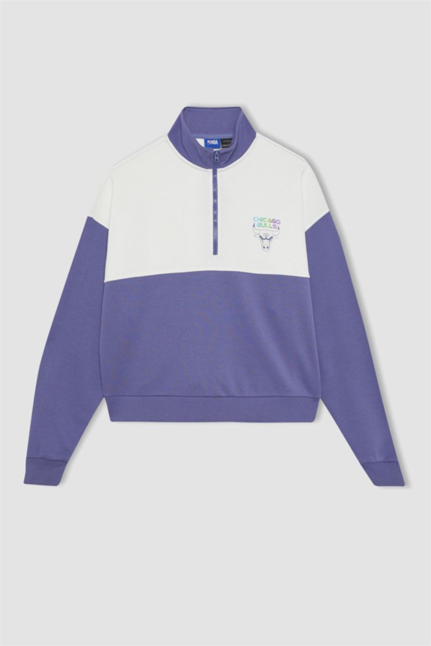 Kadın İndigo DeFactoFit NBA Chicago Bulls Yarım Fermuarlı Dik Yaka Sweatshirt