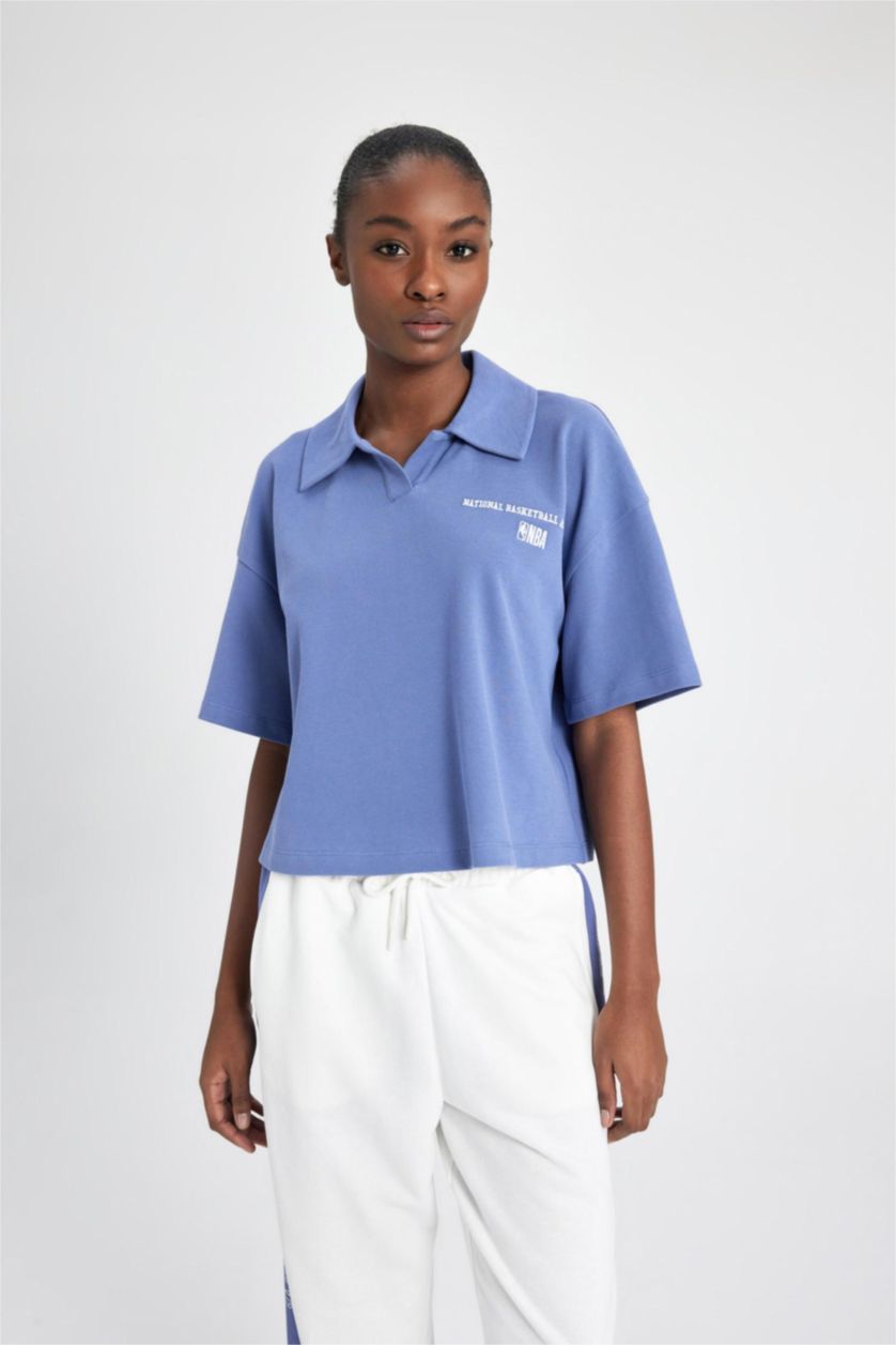 Kadın İndigo NBA Wordmark Regular Fıt Polo Yaka Pike Kısa Kollu Polo Tişört