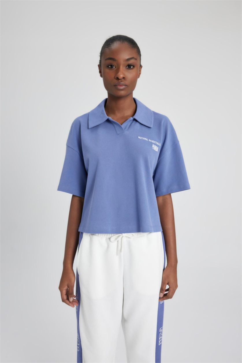 Kadın İndigo NBA Wordmark Regular Fıt Polo Yaka Pike Kısa Kollu Polo Tişört
