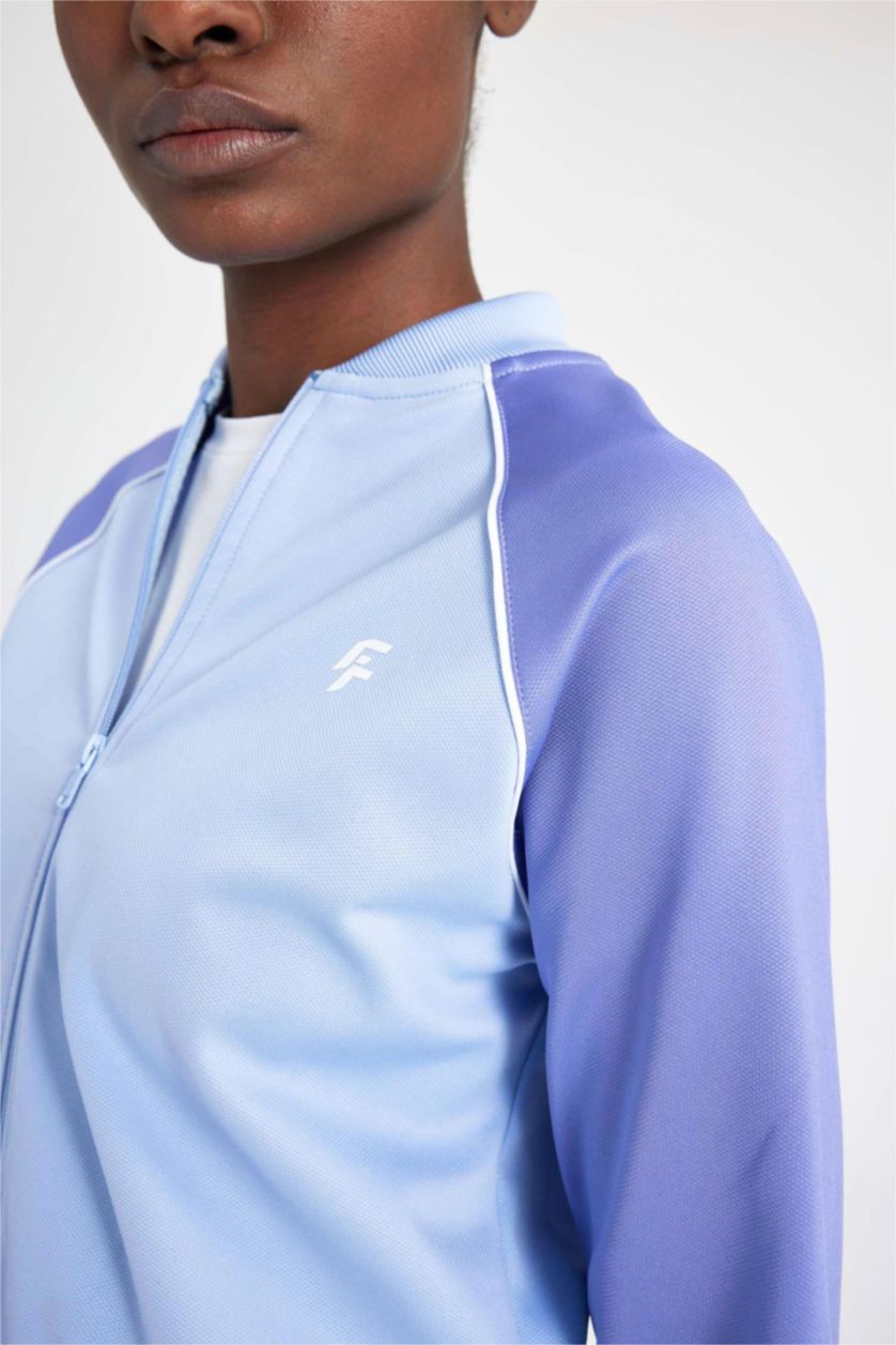 Kadın Mavi Standart Fit Çift Cepli Pike Sporcu Hırka