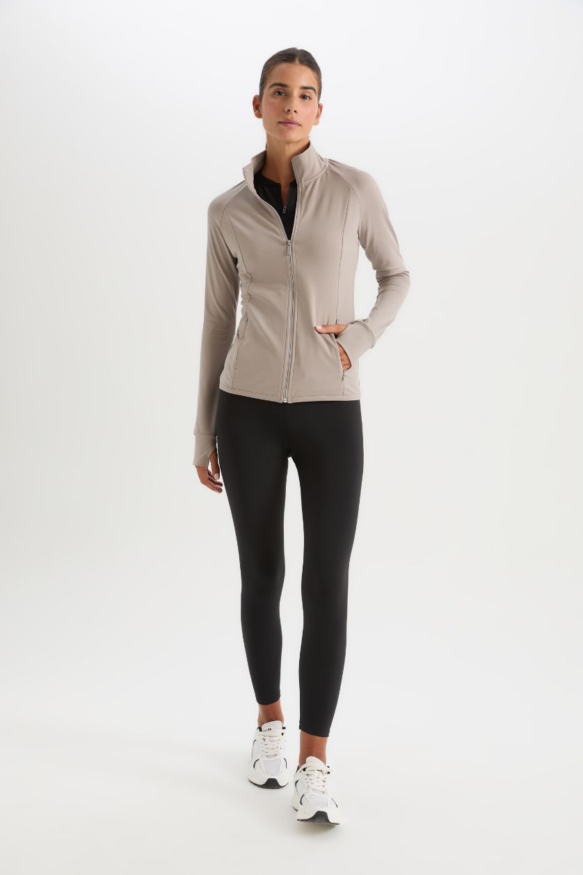 Kadın Gri Fitted Dik Yaka Çift Cepli Fermuarlı Sporcu Hırka