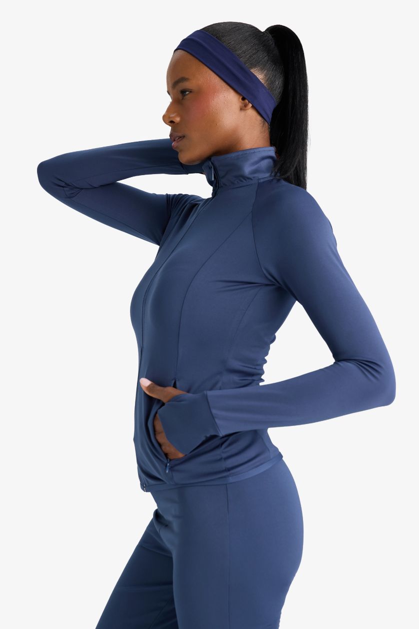 Woman Indigo DeFactoFit Fitted Double Pocket Zip-Up Sports Sweatshirt